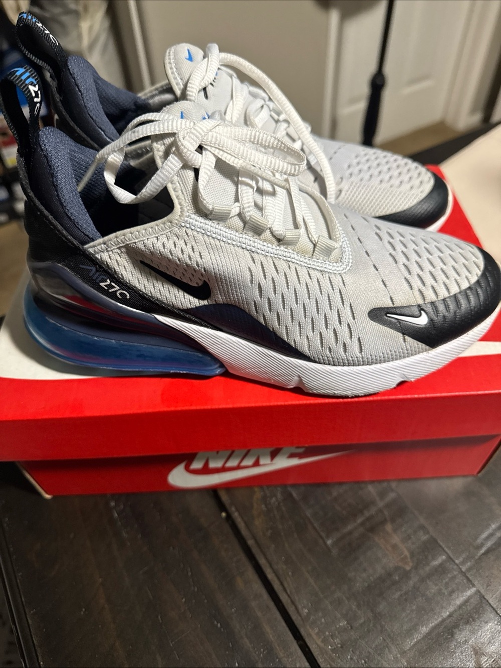 Nike Kids White/Black/Blue Air Max 270 React Sneakers - Picture 6 of 9